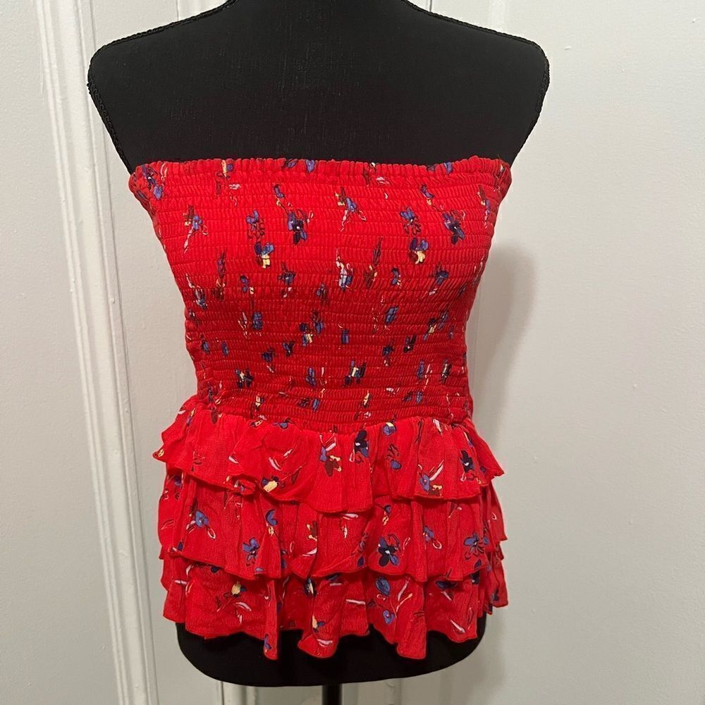 Olivaceous ruffle tube top red/floral in size small